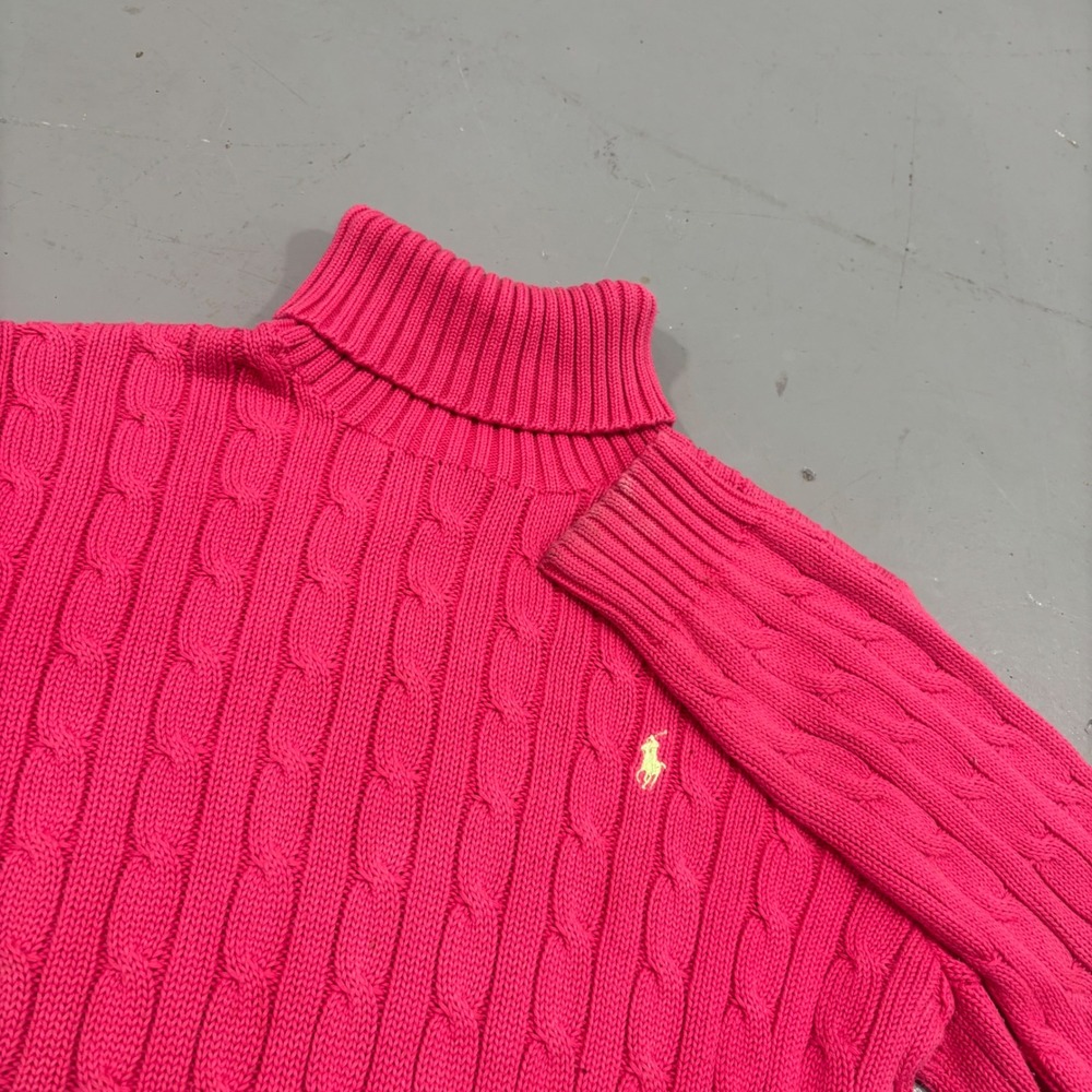 Ralph Lauren Sport Pink Cable Knit Turtleneck Sweater Pony Logo Cotton Womens L